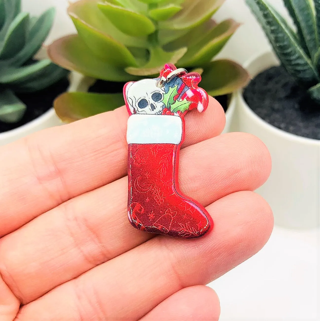 1, 4 or 20 Pieces: Red Creepy Christmas Stocking Charms - Double Sided