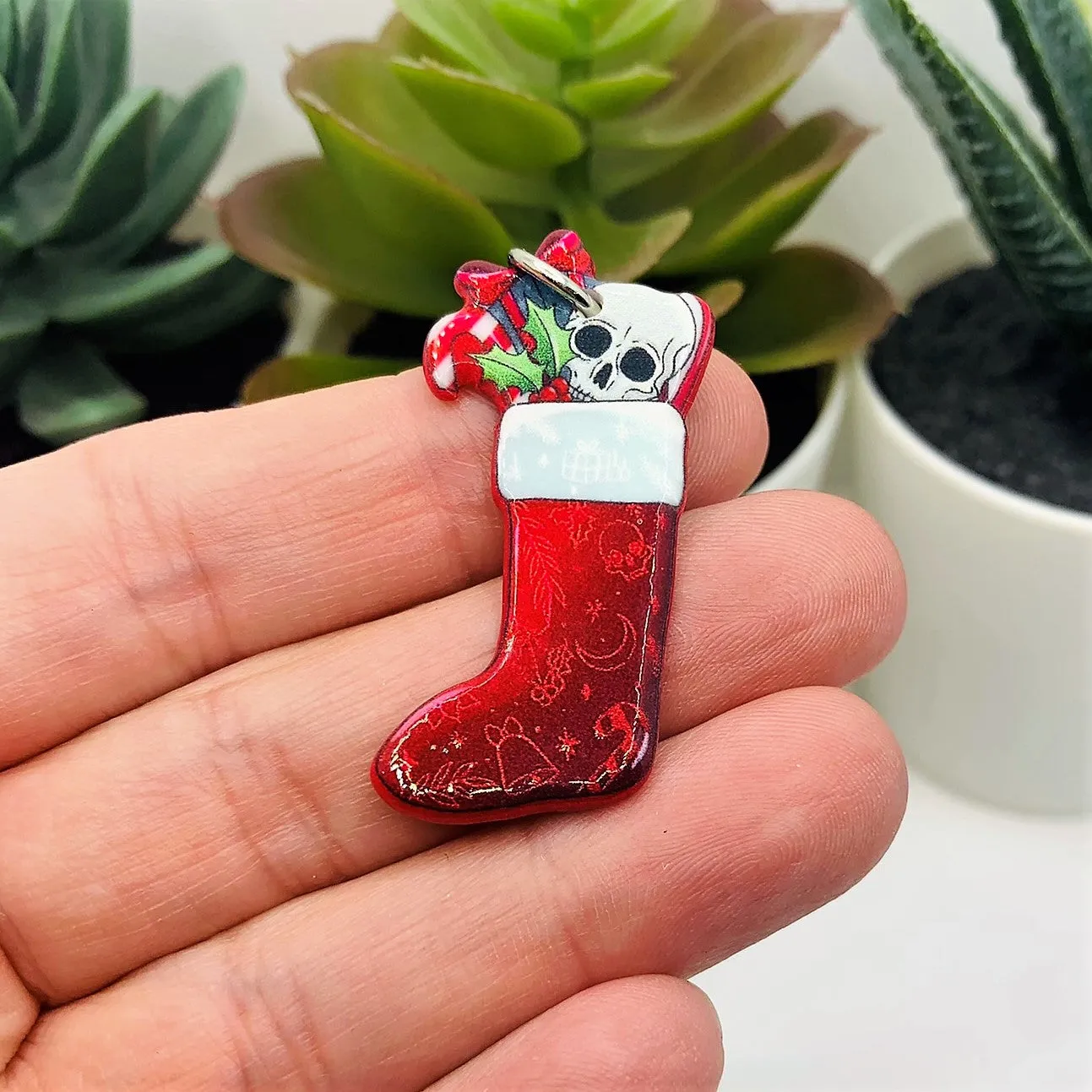 1, 4 or 20 Pieces: Red Creepy Christmas Stocking Charms - Double Sided