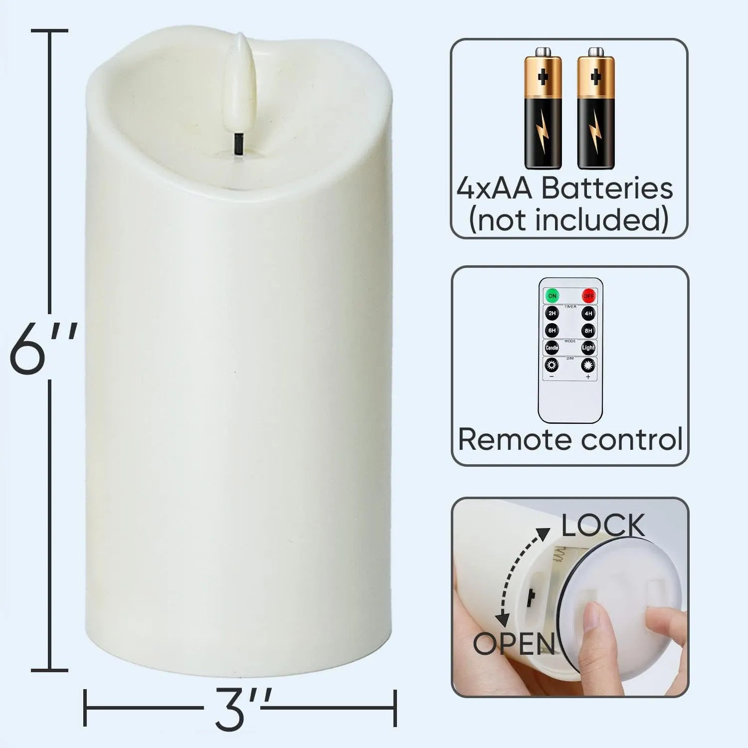 6"X3" Outdoor Waterproof Flameless Candles, LED Candles, Battery Operated Candles with Remote and Timers, Electric Fake Plastic Pillar Candles, Ivory White, Set of 2