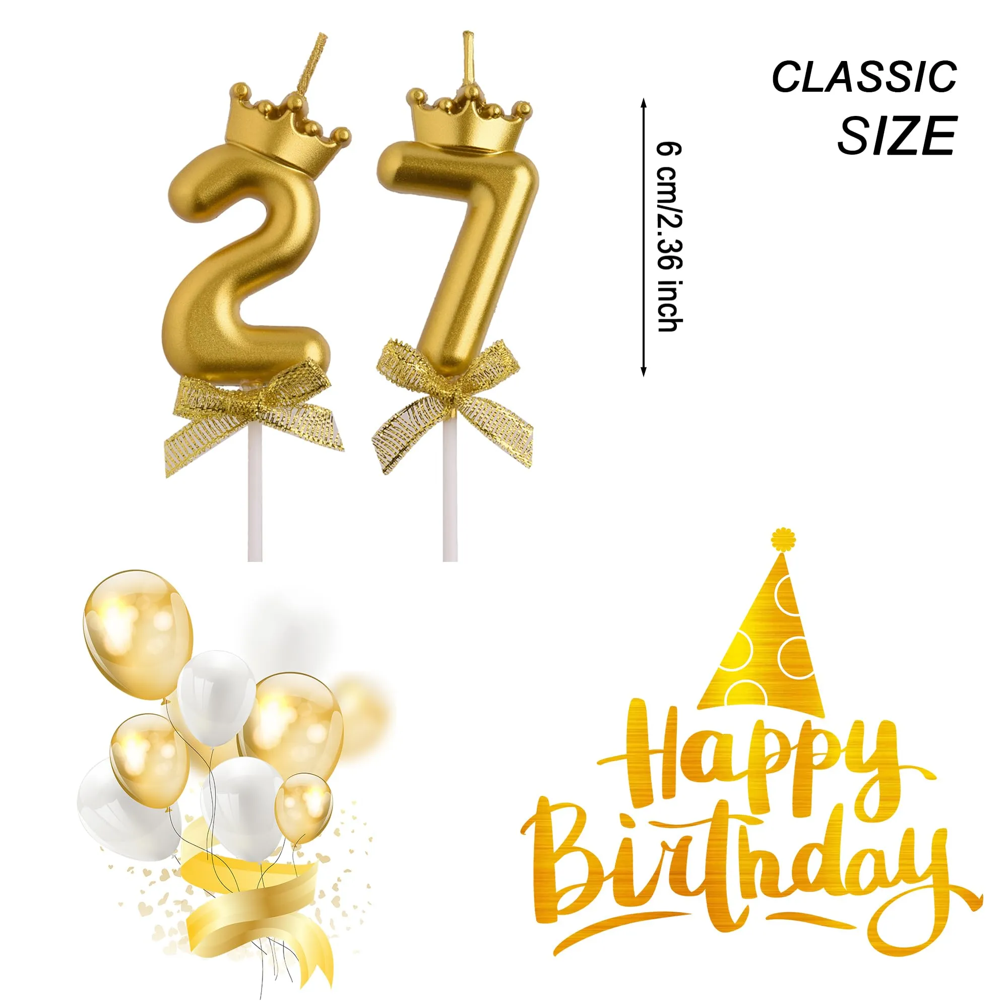 AOOLADA 27th 72nd Birthday Candles, Gold 72 27 Year Old Cake Topper Number Birthday Candles, Happy Birthday Party Decorations Gifts for Women Men