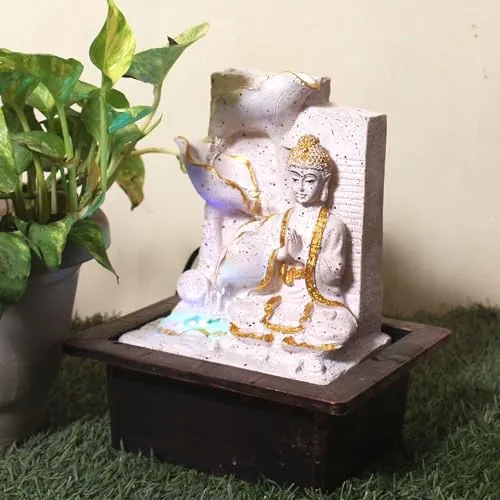 Art N Hub Lord Buddha Fengshui Stone Look Water Fountain Interior Decoration Items for Home Best As Gift Items for Home Decoration (21 x 18 x 26 CM | Dotted Pink Golden)