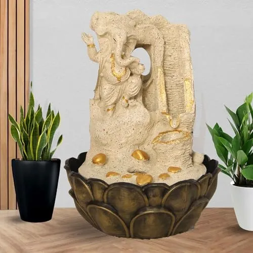 Art N Hub Lord Ganesha Handicraft Tabletop Indoor Outdoor Waterfall Fountain Balcony Decoration Items Water Fountain for Home Vastu (27 x 27 x 37 CM | Dotted Cream Golden)