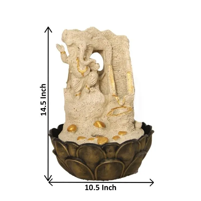 Art N Hub Lord Ganesha Handicraft Tabletop Indoor Outdoor Waterfall Fountain Balcony Decoration Items Water Fountain for Home Vastu (27 x 27 x 37 CM | Dotted Cream Golden)