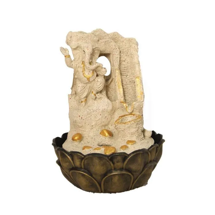 Art N Hub Lord Ganesha Handicraft Tabletop Indoor Outdoor Waterfall Fountain Balcony Decoration Items Water Fountain for Home Vastu (27 x 27 x 37 CM | Dotted Cream Golden)