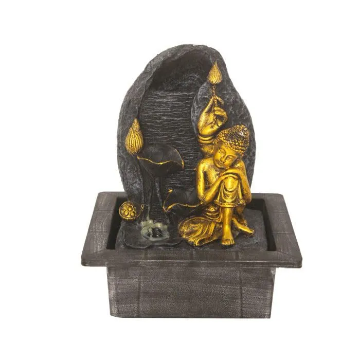 Art N Hub Resting Buddha Handicraft Tabletop Indoor Outdoor Waterfall Fountain Balcony Decoration Items Water Fountain for Home Vastu (21 x 18 x 26 CM | Grey Golden)