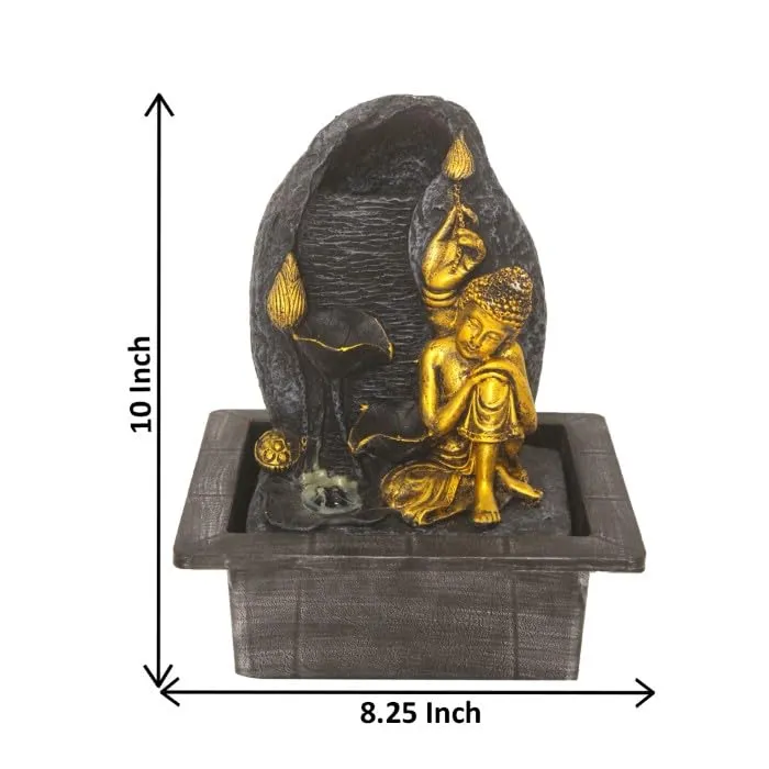 Art N Hub Resting Buddha Handicraft Tabletop Indoor Outdoor Waterfall Fountain Balcony Decoration Items Water Fountain for Home Vastu (21 x 18 x 26 CM | Grey Golden)