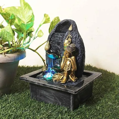 Art N Hub Resting Buddha Handicraft Tabletop Indoor Outdoor Waterfall Fountain Balcony Decoration Items Water Fountain for Home Vastu (21 x 18 x 26 CM | Grey Golden)