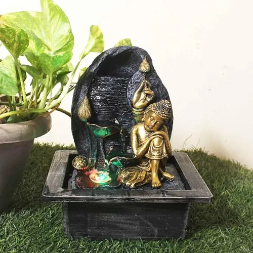 Art N Hub Resting Buddha Handicraft Tabletop Indoor Outdoor Waterfall Fountain Balcony Decoration Items Water Fountain for Home Vastu (21 x 18 x 26 CM | Grey Golden)