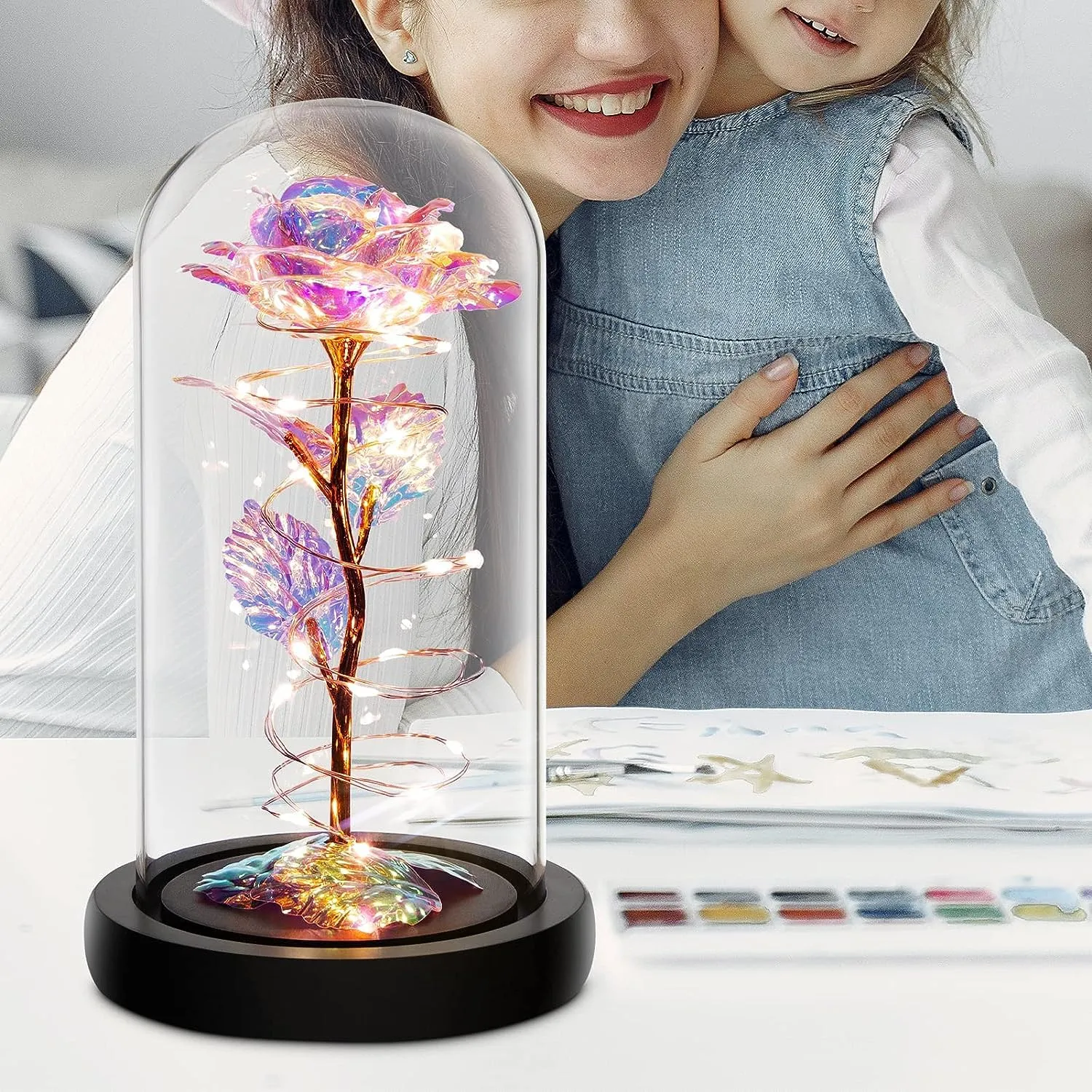 Brienstripe Acrylic Rose Flower, Womens Christmas Glass Rose Gifts For Mom, Light Up Rose Flowers In Glass Dome, Colorful Rainbow Flower Rose Gifts For Wife, Mom, Girls, Anniversary.