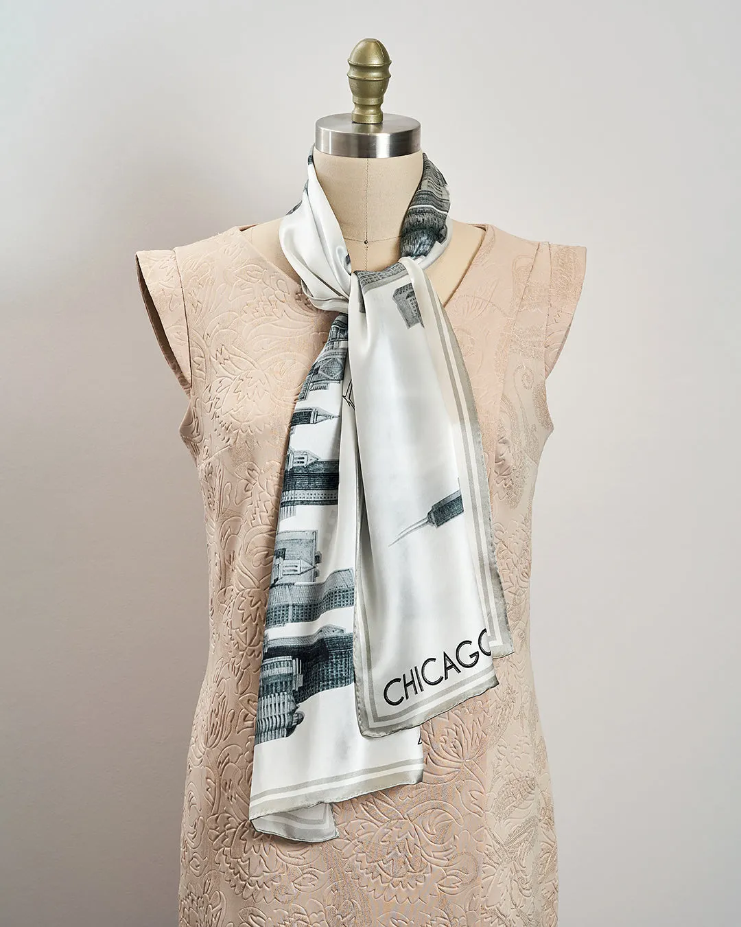 CHICAGO Skyline 100% Silk Oblong Scarf in Gray White