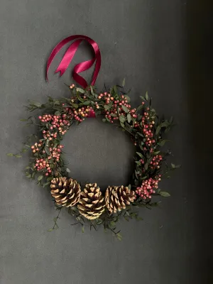 Christmas Door Wreath with Preserved Eucalyptus, Green Leaves, and Pinecones for Festive Xmas Door Wreath Green and Red Christmas Decoration