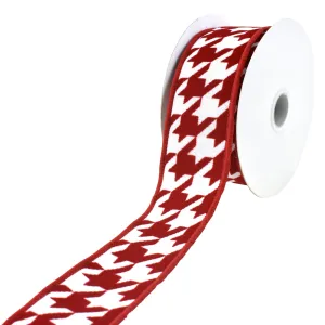 Christmas Red Velvet Flocked Houndstooth Wired Ribbon, 1-1/2-Inch, 10-Yard