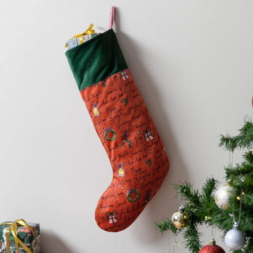 Christmas Spirit Printed Velvet Xmas Stocking   Sack Multicolour