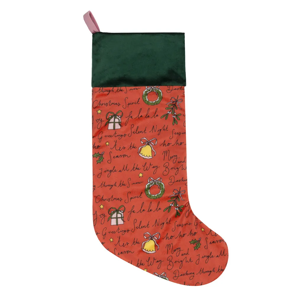 Christmas Spirit Printed Velvet Xmas Stocking   Sack Multicolour