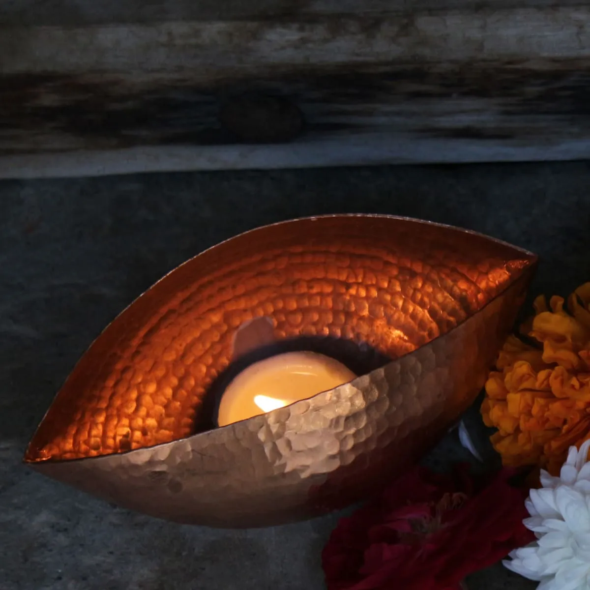 De Kulture  Handmade Pure Copper  Trinetra Pod Voltive T Light Holder Candle Bowl Diya, 5x 2.5x2.75 (LWH) Inches