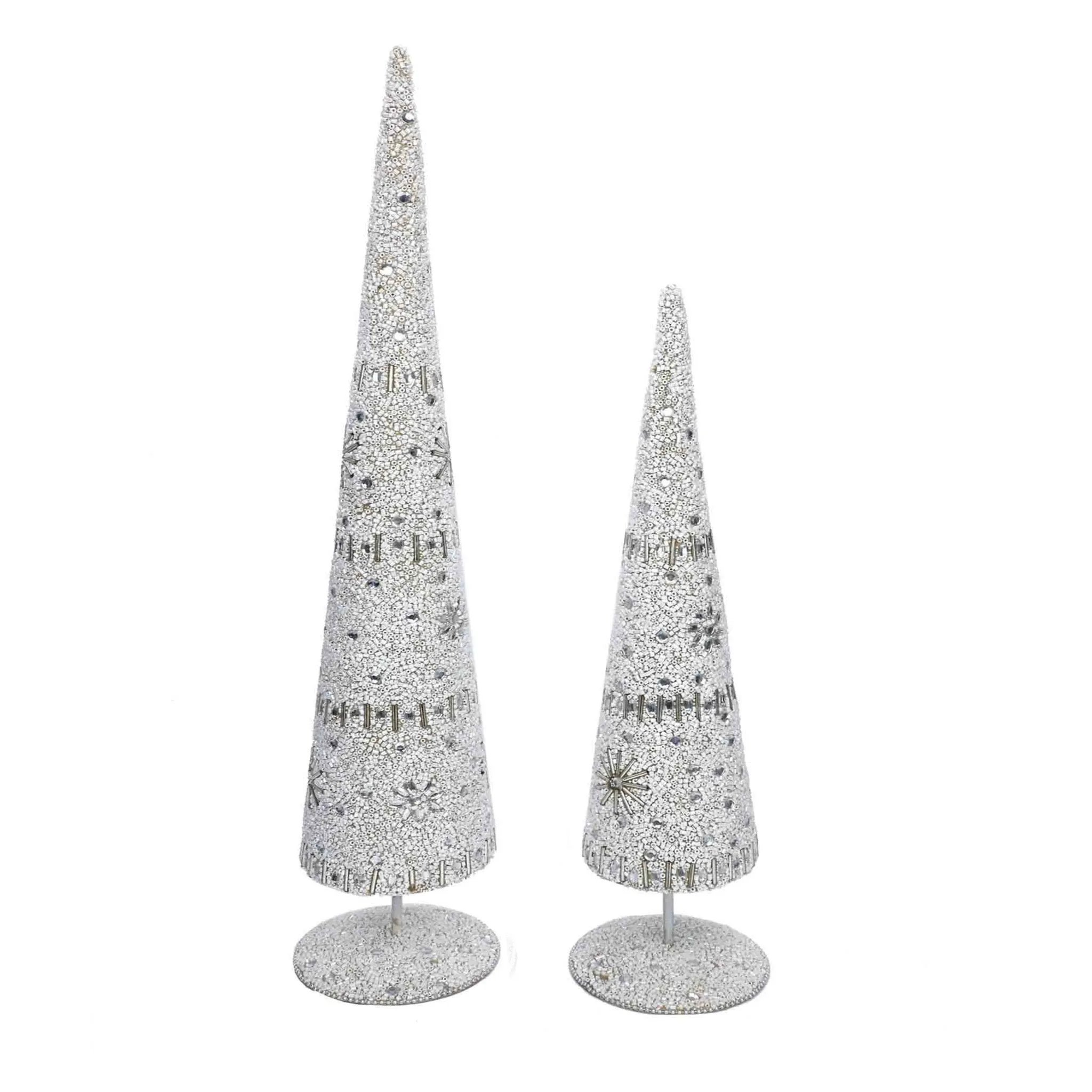 Enchanted Beaded Cone Christmas Tree in White, Set of 2