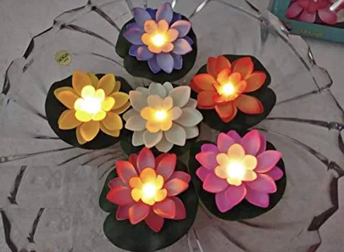 FESTIVE BLESSINGS Plastic Floating Flowers For Water Bowl,Floating Candles,Water Sensor Diya,Led Candles Artificial But Natural Looking Lotus Flower For Decoration With Led Diya,Tea Lights,Unit- (6)