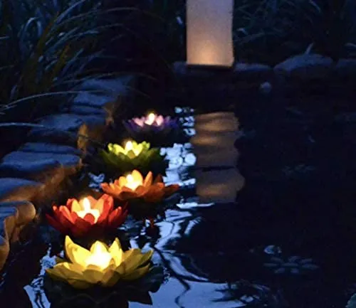 FESTIVE BLESSINGS Plastic Floating Flowers For Water Bowl,Floating Candles,Water Sensor Diya,Led Candles Artificial But Natural Looking Lotus Flower For Decoration With Led Diya,Tea Lights,Unit- (6)