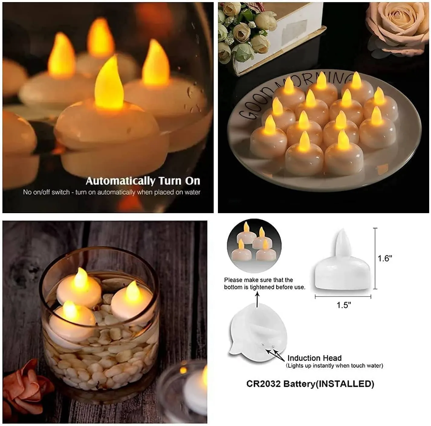 Floating Tea Light Water Sensor Battery Operated Waterproof LED Lights Candles, Diwali Lights Water Sensor Floating Candles, Best for Diwali (White) - Set of 12