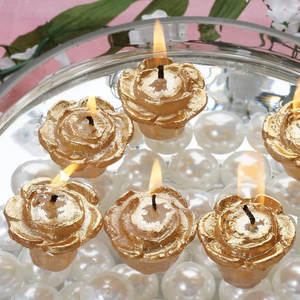 Gold Rose Mini Floating Candles Wedding Birthday Party Centerpiece Decor - 12/pk