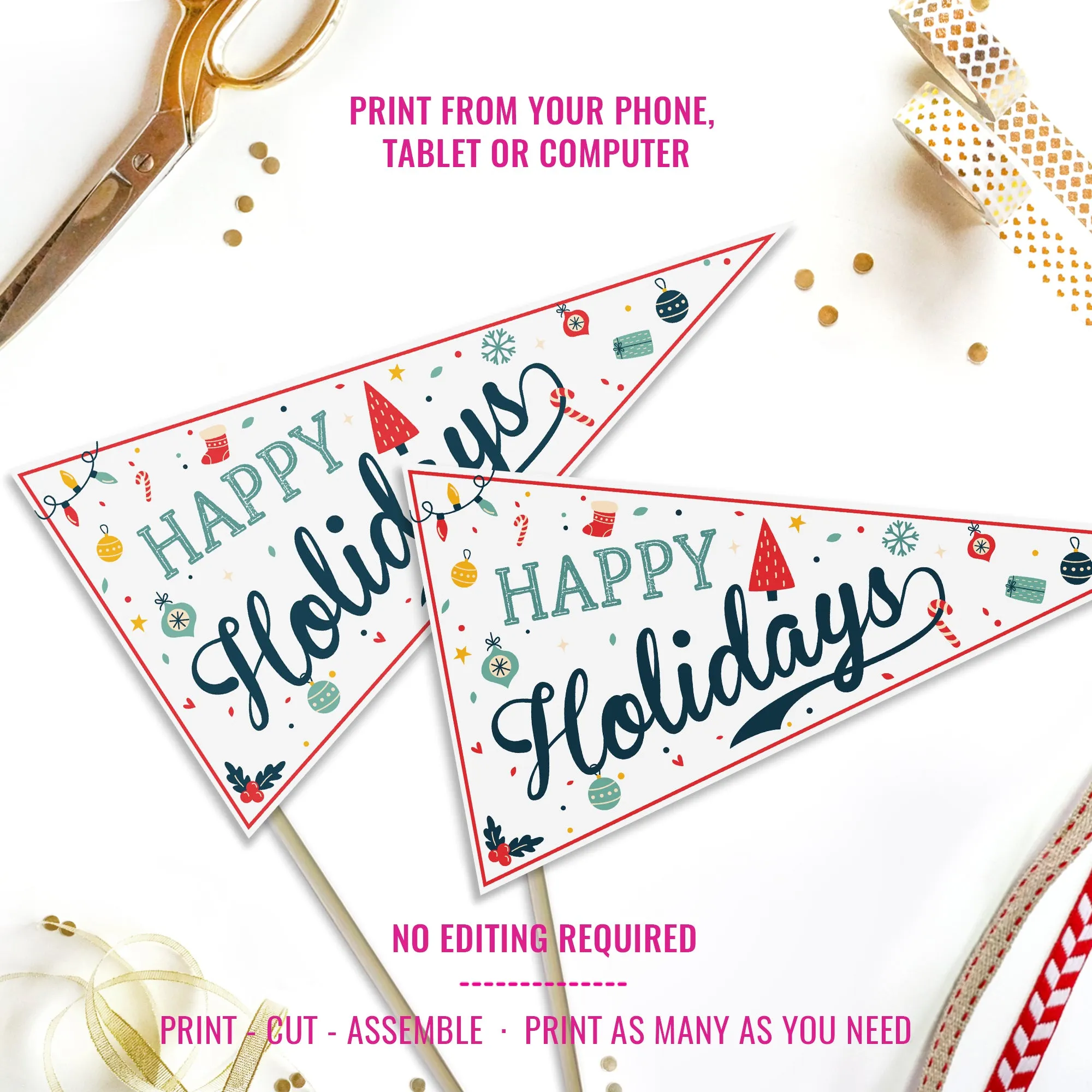 Happy Holidays Pennant Flags | DIY Gift Printable Christmas Pennant Flags