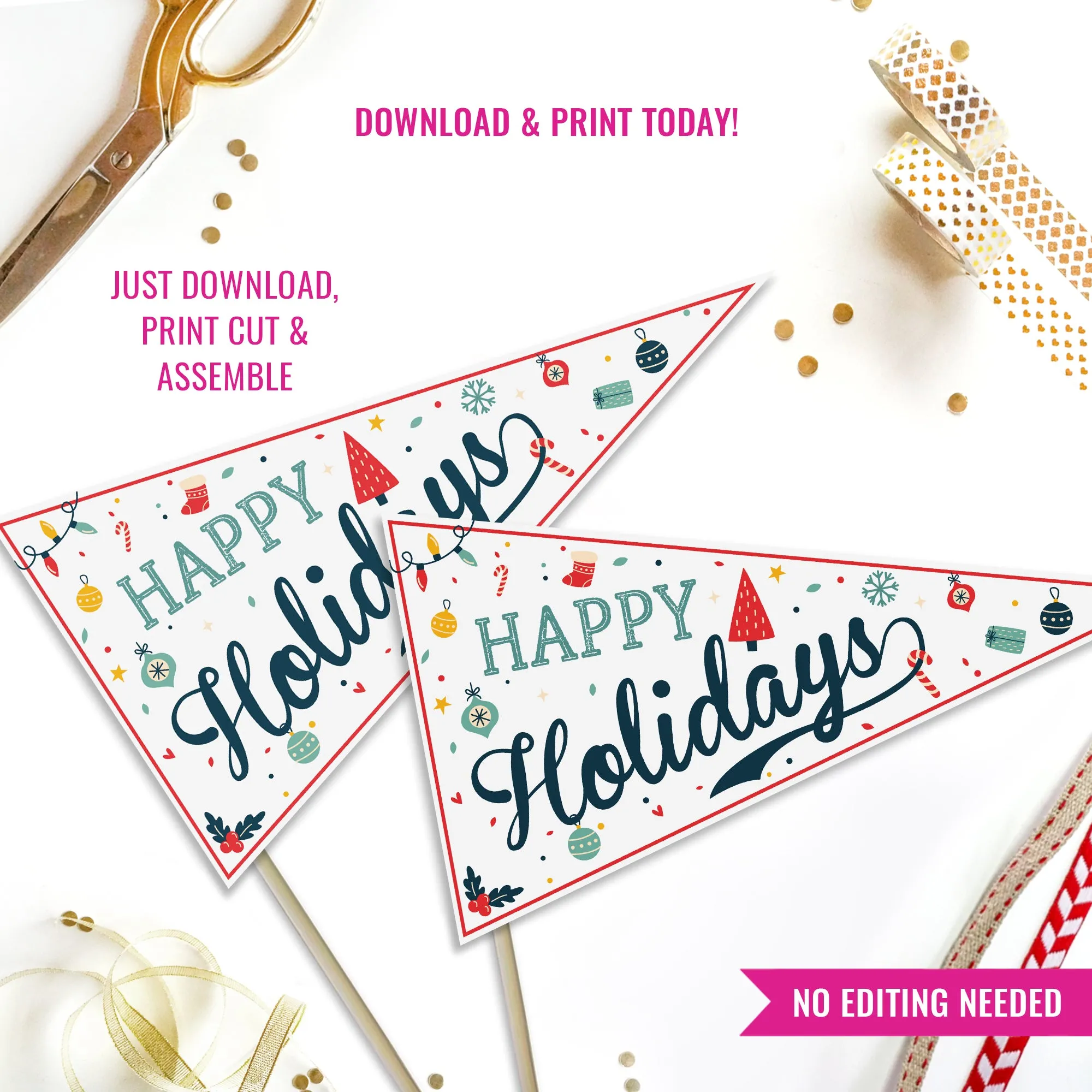 Happy Holidays Pennant Flags | DIY Gift Printable Christmas Pennant Flags