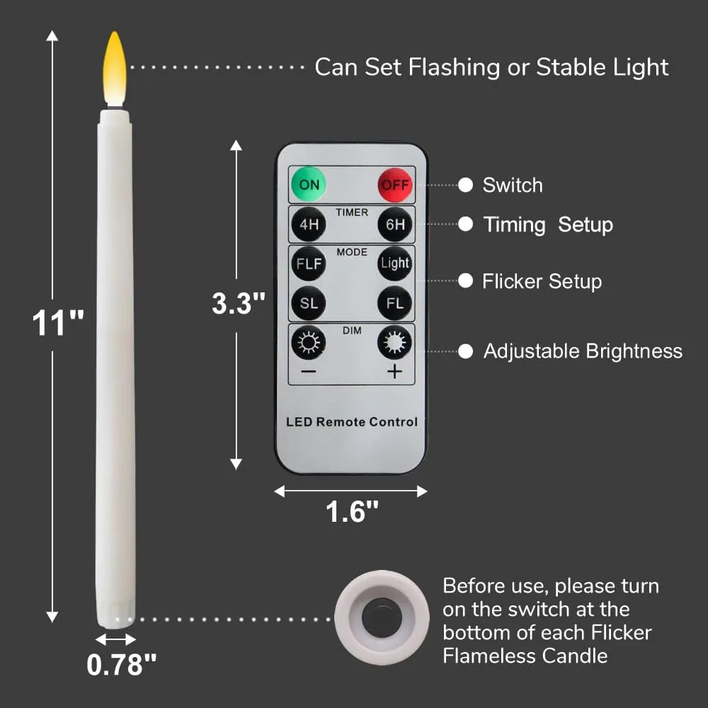 HQXING LED Flameless Taper Candles Flickering with 10-Key Remote and Timer, Battery Operated Led Warm 3D Wick Light Window Candles 12 Pack,Christmas Home Wedding Decor(0.78 X 11 Inch)