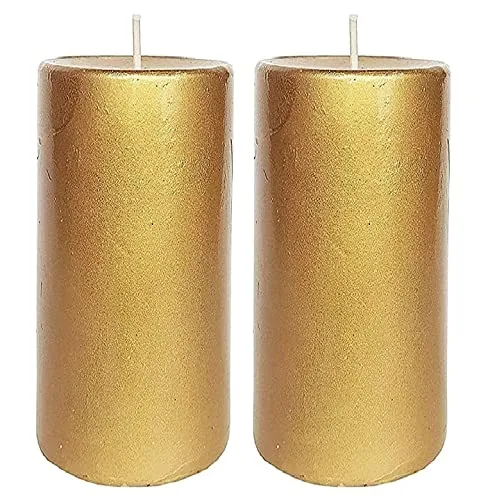 Kigs Enterprise Pack of 2 Pcs Each Big Non Scented Pillar Candle (2" × 6") (Golden) (Pack of 2 Pcs/ 2" × 6" Each, Golden)