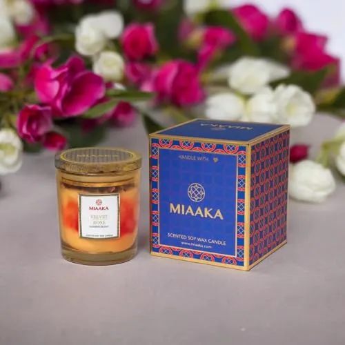 MIAAKA Gleaming Delight Glass Jar Hand Poured Scented Candle Velvet Rose Fragrance 370gm