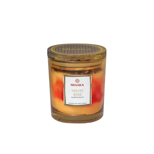 MIAAKA Gleaming Delight Glass Jar Hand Poured Scented Candle Velvet Rose Fragrance 370gm