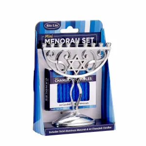 Mini Menorah Set, Alum, W/44 Mini Candles, 4"x5", Color Box