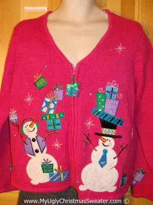 Pink Colorful Tacky Cheesy Holiday Sweater with Snowman Friends and Toppling Gifts  (f1169)