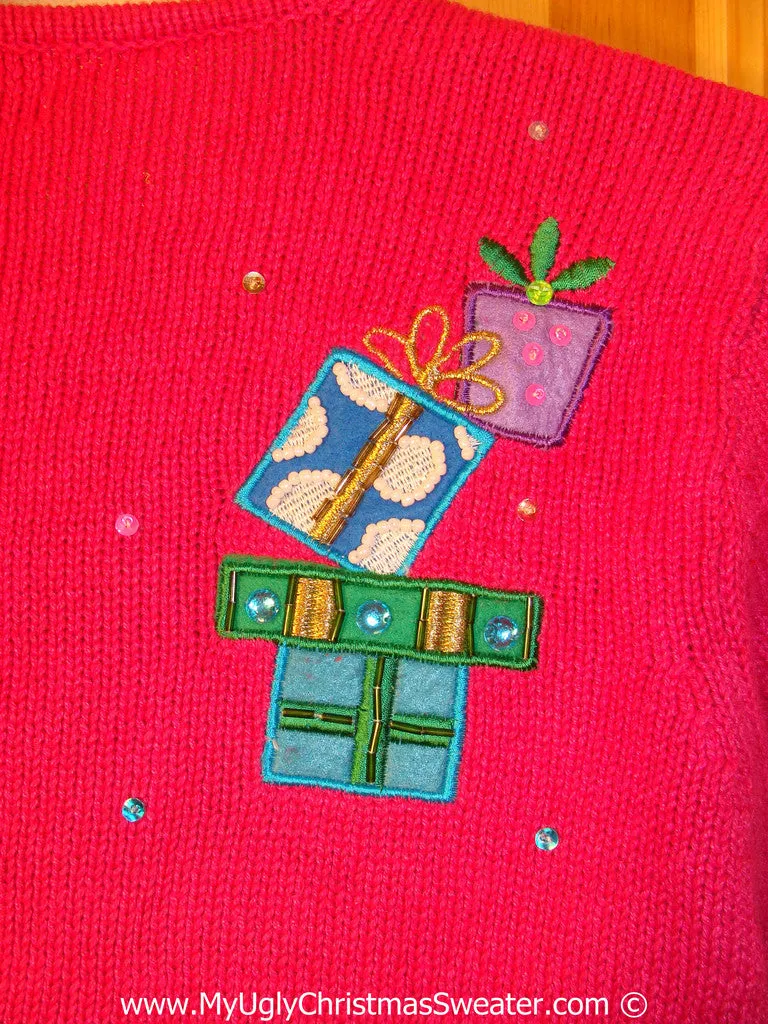 Pink Colorful Tacky Cheesy Holiday Sweater with Snowman Friends and Toppling Gifts  (f1169)