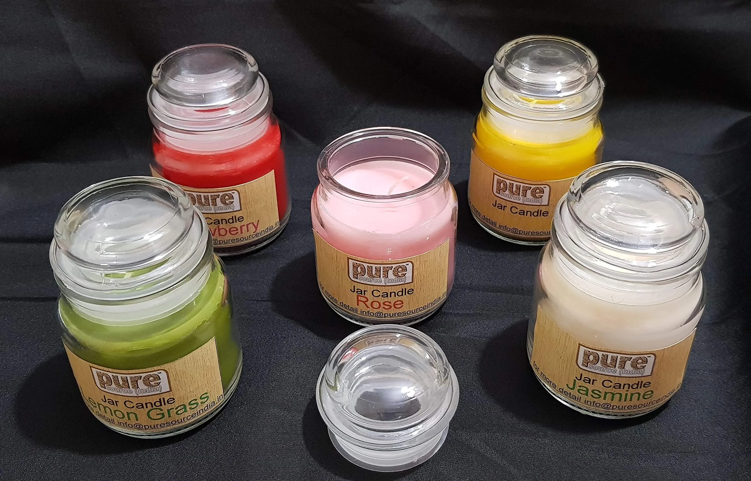 Pure Source India 3 Oz Glass Jar Candles, Pack of 5 (Scented - Lavender, Lemon Grass, Jasmine, Sandalwood & Rose) Burn Time 18 to 20 Hrs