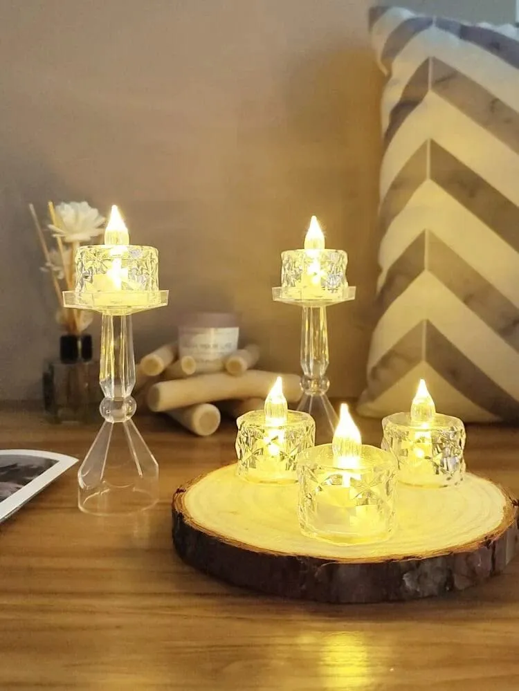 SATYAM KRAFT 6 Pcs Flameless and Smokeless Decorative Crystal Candles Transparent Acrylic Led Tea Light Candle for Decoration (6 Pieces, Yellow, 2 cm)