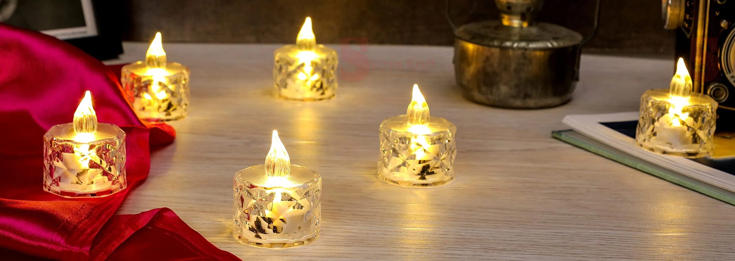 SATYAM KRAFT 6 Pcs Flameless and Smokeless Decorative Crystal Candles Transparent Acrylic Led Tea Light Candle for Decoration (6 Pieces, Yellow, 2 cm)