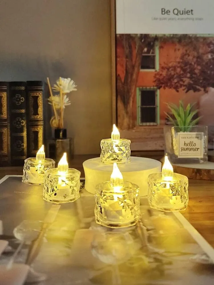 SATYAM KRAFT 6 Pcs Flameless and Smokeless Decorative Crystal Candles Transparent Acrylic Led Tea Light Candle for Decoration (6 Pieces, Yellow, 2 cm)