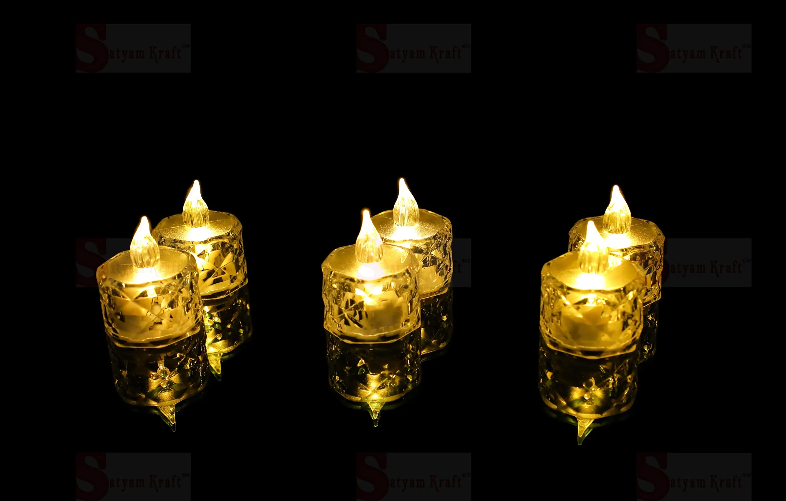 SATYAM KRAFT 6 Pcs Flameless and Smokeless Decorative Crystal Candles Transparent Acrylic Led Tea Light Candle for Decoration (6 Pieces, Yellow, 2 cm)