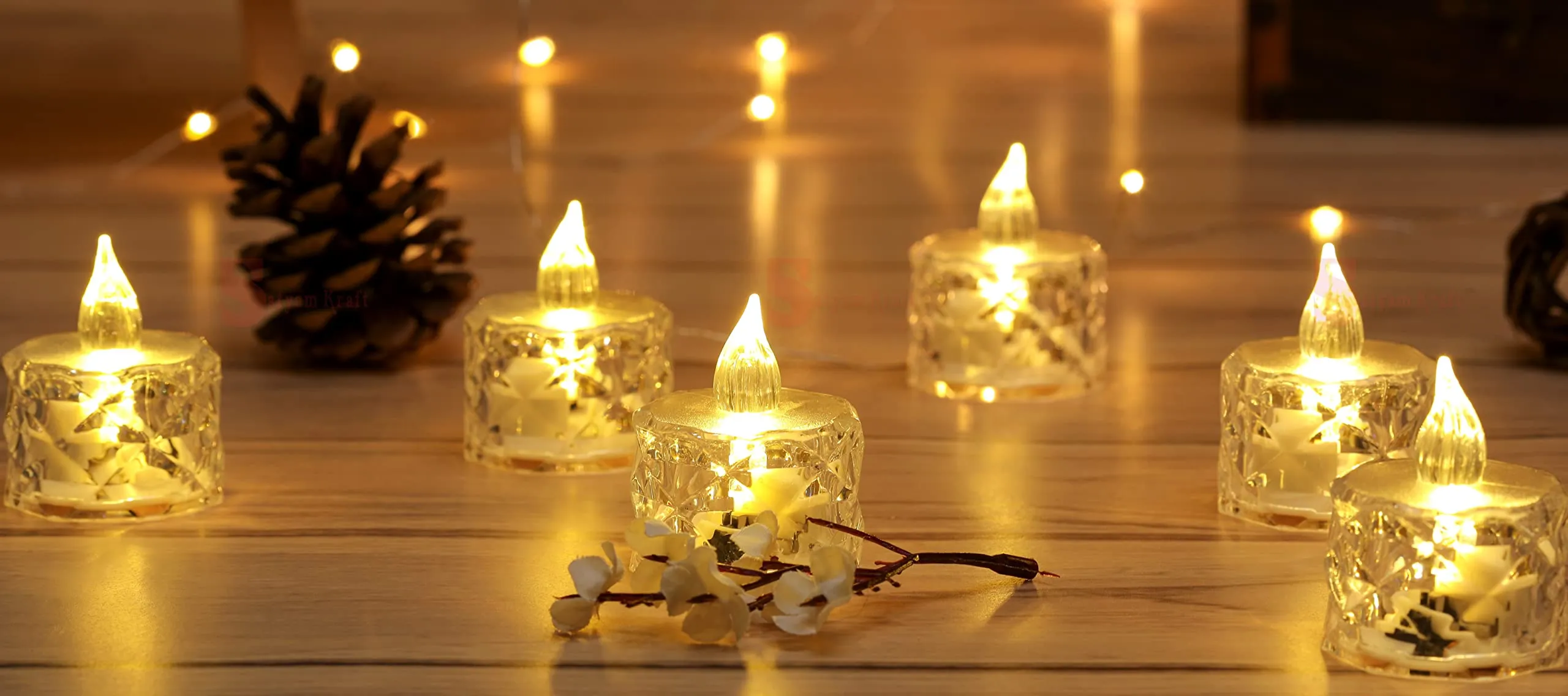 SATYAM KRAFT 6 Pcs Flameless and Smokeless Decorative Crystal Candles Transparent Acrylic Led Tea Light Candle for Decoration (6 Pieces, Yellow, 2 cm)