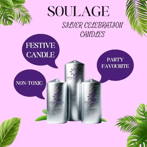 SOULAGE Premium Silver Festive Pillar Candle| Luxury Aromatherapy| Hand Crafted| Natural Soy Wax| Healing & Meditation| Non Toxic| Anti Mosquito| Slow Burning| Smokeless & Dripless Set of 3