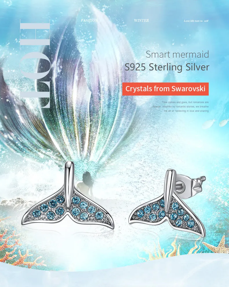 Sterling silver shining Blu topaz Swarovski crystal fish tail earrings