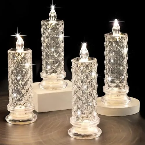 The Decor Affair 4 Pcs Rose Shadow Flameless Candles - 2.5 x 7 Inches of Flickering Beauty - Crystal Pillar Candles with Batteries Included.